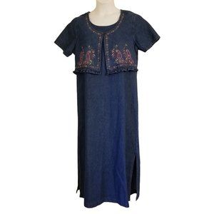 Erica Co L Blue Jean Denim Dress Floral Embroidered‎ Modest Side Slits